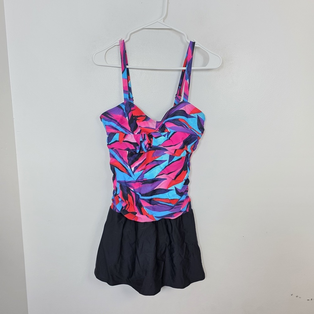 Venus Black Colorful Padded Summer Vacation Outdoor One Piece Swim Dress Size 12